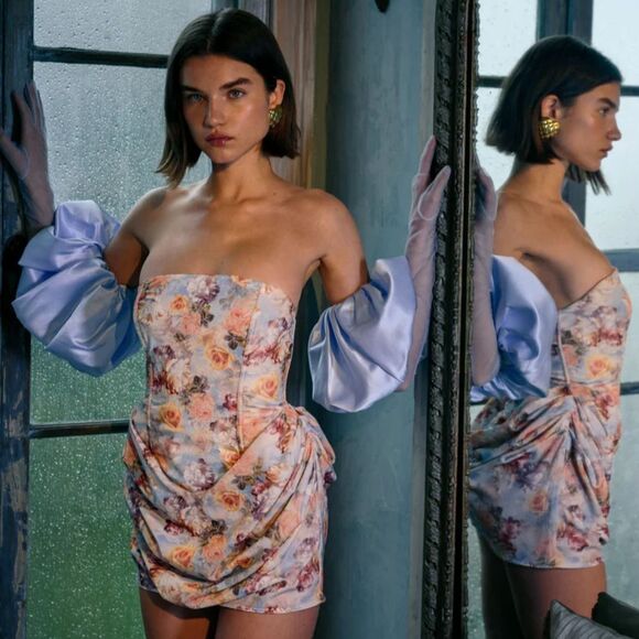 For Love & Lemons Floral Drape Strapless Mini Dress L - Picture 1 of 7